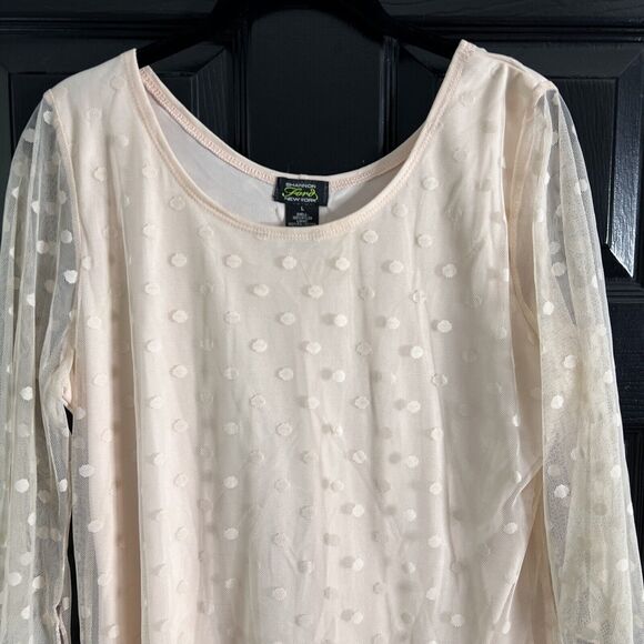 Shannon Ford New York 3/4 Sleeve Size L Blouse Sheer Polka Dot Pink Asymmetrical - Picture 2 of 7